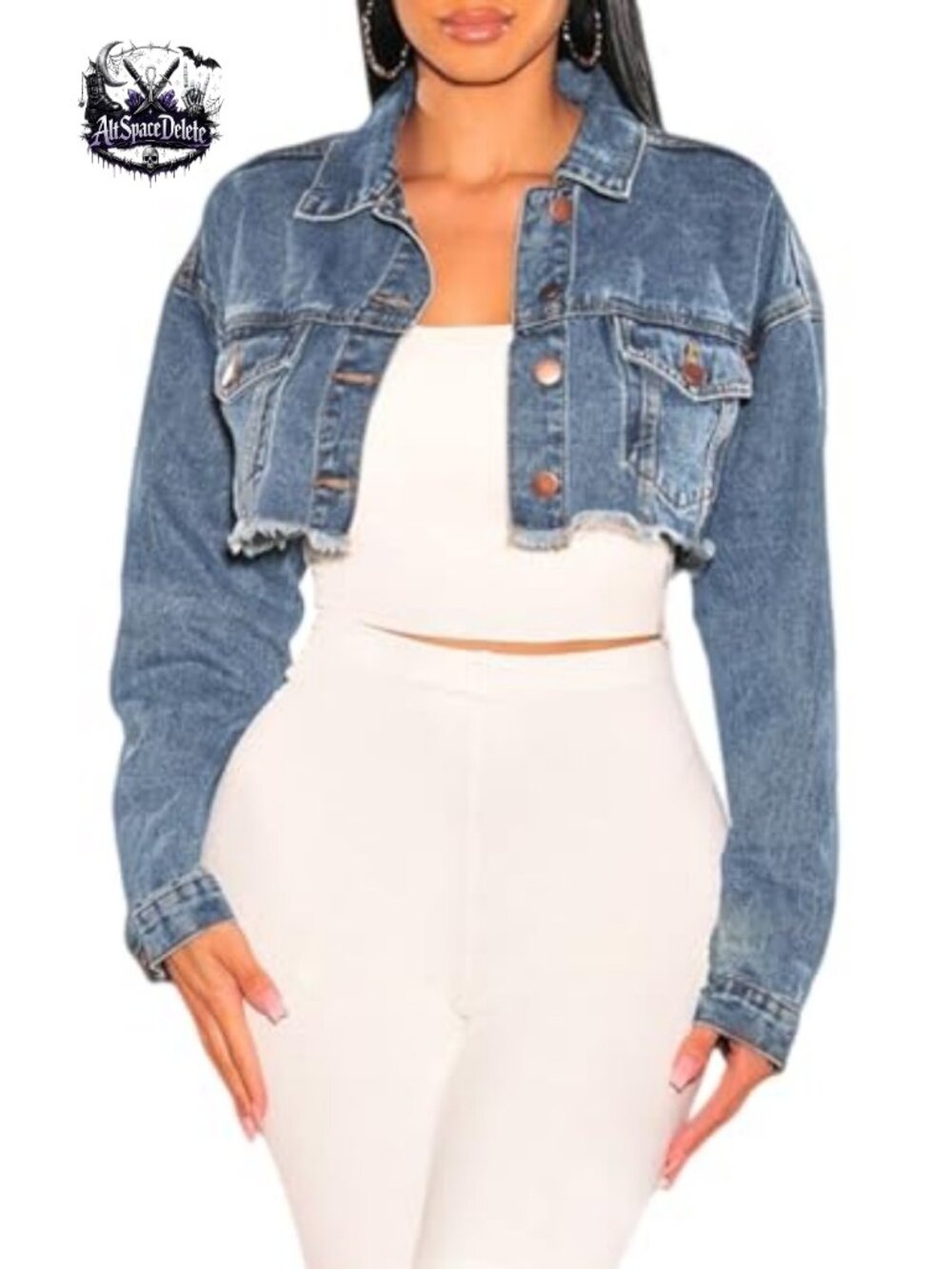 Cropped Denim Jacket Womens Long Sleeve Ripped Jean Jacket Button Down